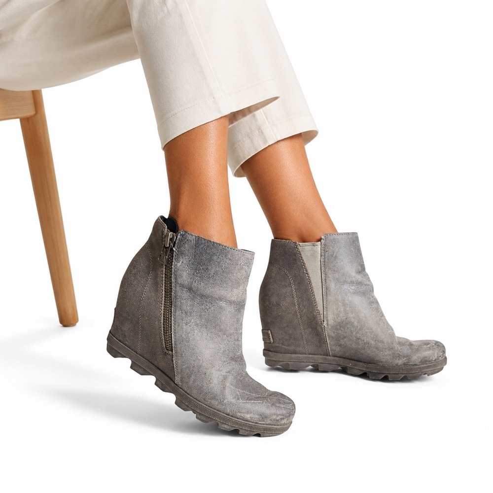 Sorel Joan of Arctic Wedge II Leather Grey Ankle Boot Gorpcore Women Size 8.5